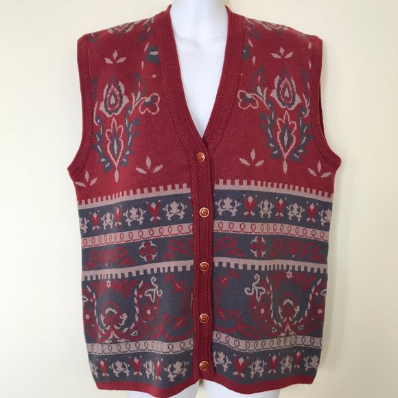 Camela Knit Sweater Vest Button Front 100% Wool Red & Grey Damask Pattern - Picture 1 of 6